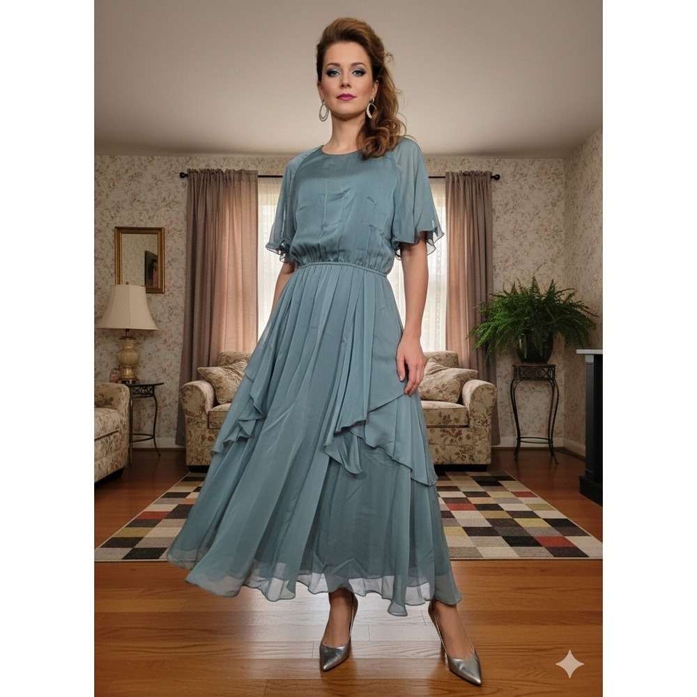 Spencer‎ Alexis 80 vintage chiffon Ruffle Tiered Midi Dress Size 14